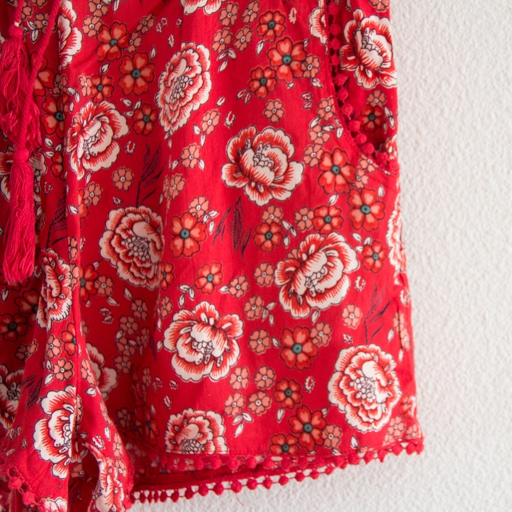 Boho Lounge Shorts With Pompom Trim, Floral Print